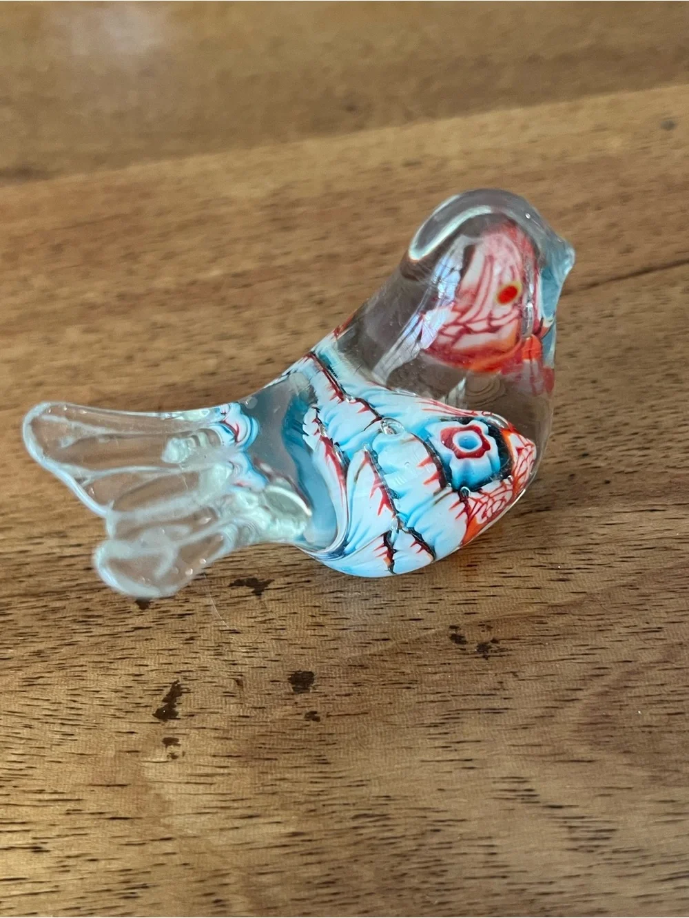 Clear Glass Decorative Bird Figurine with Blue and Red Accents